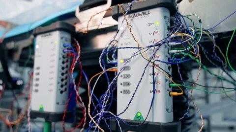 Numerous wires connected to the computerized equipment in surgery room. Stock Footage 280339924