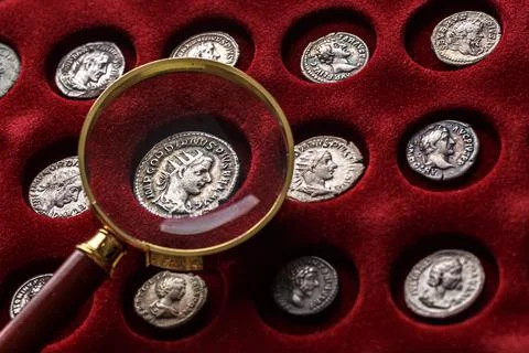 Numismatics.Authentic silver denarius, antoninianus of ancient Rome. A collec Stock Photos