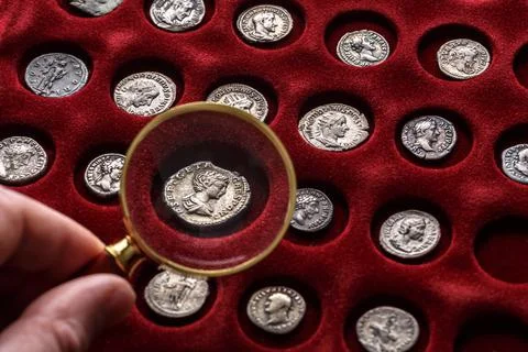 Numismatics.Authentic silver denarius, antoninianus of ancient Rome. A collec Stock Photos