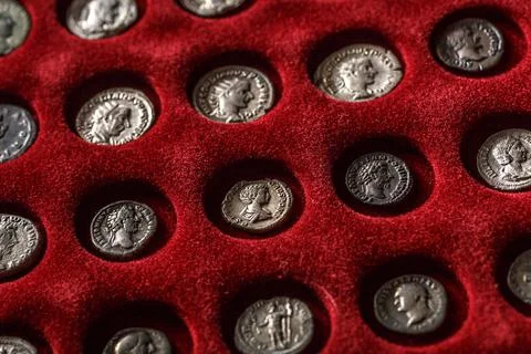 Numismatics.Authentic silver denarius, antoninianus of ancient Rome. A collec Stock Photos