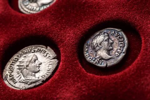 Numismatics.Authentic silver denarius, antoninianus of ancient Rome. A collec Stock Photos