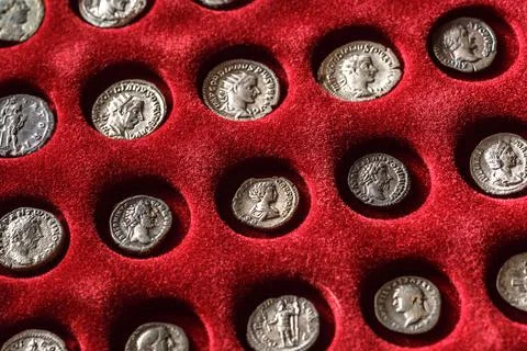 Numismatics.Authentic silver denarius, antoninianus of ancient Rome. A collec Stock Photos