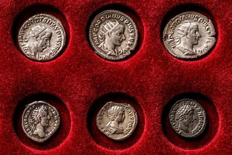 Numismatics.Authentic silver denarius, antoninianus of ancient Rome. A collec Stock Photos