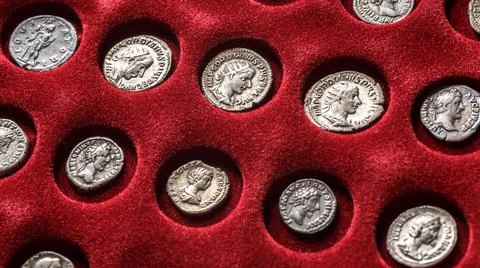 Numismatics.Authentic silver denarius, antoninianus of ancient Rome. A collec Stock Photos