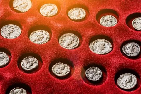 Numismatics.Authentic silver denarius, antoninianus of ancient Rome. A collec Stock Photos