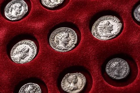 Numismatics.Authentic silver denarius, antoninianus of ancient Rome. A collec Stock Photos