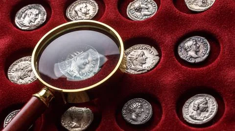 Numismatics.Authentic silver denarius, antoninianus of ancient Rome. A collec Stock Photos
