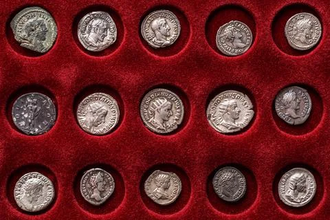 Numismatics.Authentic silver denarius, antoninianus of ancient Rome. A collec Stock Photos