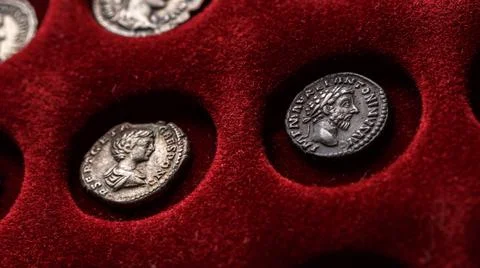 Numismatics.Authentic silver denarius, antoninianus of ancient Rome. A collec Stock Photos