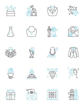 Nuptials linear icons set. Marriage, Wedding, Couple, Ceremony, Rings, Vows Stock Illustration