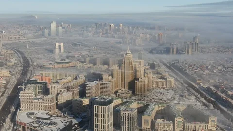 Nur-Sultan: Aerial panoramic view of the Kazakhstan capital with fog. 库存影片 125239784