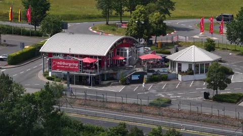 Nurburgring circuit devil's diner restaurant aerial view Stock Footage 340963161