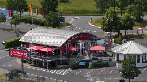 Nurburgring circuit devil's diner restaurant aerial view Stock Footage 340963182