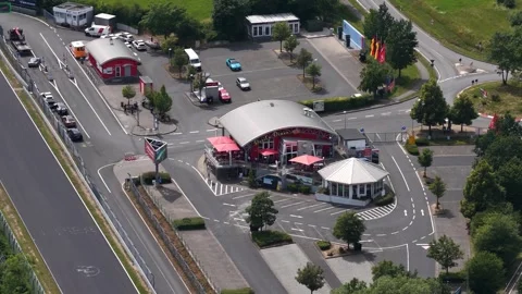 Nurburgring circuit devil's diner restaurant aerial view Stock Footage 340963205