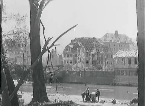 NUREMBERG - 1945: Clearing the city — Riverside terrace stripped to bare rafters 스톡 동영상 342919656