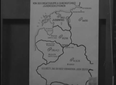 NUREMBERG - 1945: IMT proceedings — Coffin symbols on execution map Stock Footage 343542308