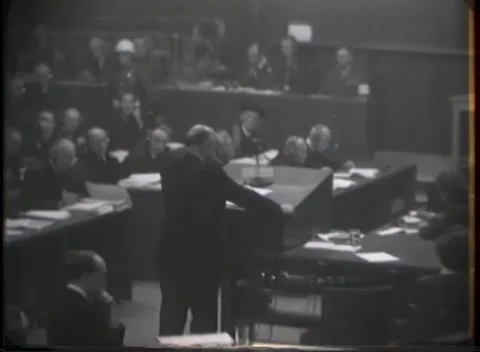 NUREMBERG - 1946: Rear three-quarter view of the courtroom Stock Footage 342921068