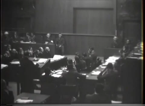 NUREMBERG - 1946: War crimes hearing — Carved doorway above witness box Stock-Footage 343320813