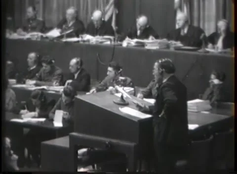 NUREMBERG - 1946: War crimes hearing — Counsel before staff tiers Vídeos de archivo 343320862