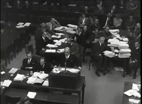 NUREMBERG - 1946: War Crimes Trials — Bound volumes in the court well 스톡 동영상 342819342