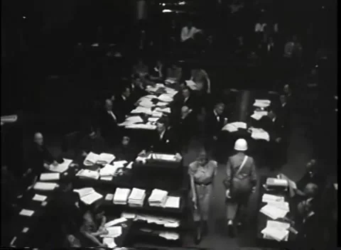 NUREMBERG - 1946: War Crimes Trials — Tribunal courtroom in session Stock Footage 342919326