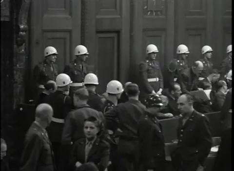 NUREMBERG - 1946: War Crimes Trials — Military police at the courtroom doors 스톡 동영상 342919665