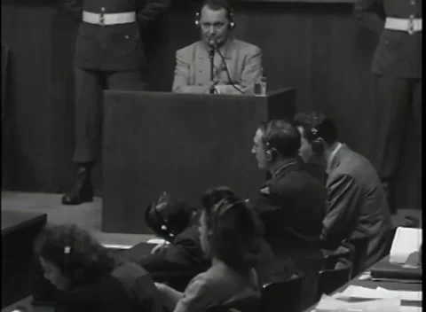 NUREMBERG - 1946: War Crimes Trials — Hermann Göring at the wooden witness box Stock Footage 342919760