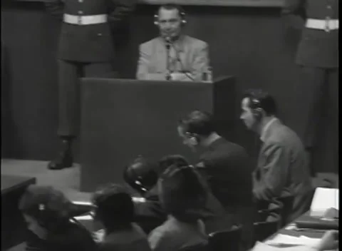 NUREMBERG - 1946: War Crimes Trials — Wide from the reporters' desks to the box 库存影片 342919765