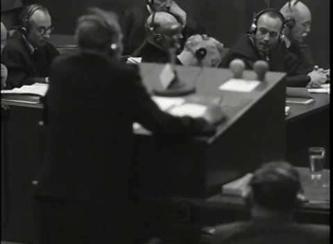 NUREMBERG - 1946: War Crimes Trials — Reverse from lectern to the tribunal bench Video stock 342919790