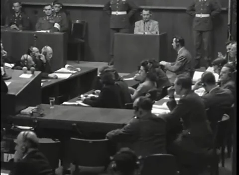 NUREMBERG - 1946: War Crimes Trials — Across the court to the witness box Stock Footage 342919845