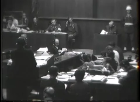 NUREMBERG - 1946: War Crimes Trials — Wide view toward the raised courtroom Видео 342920014