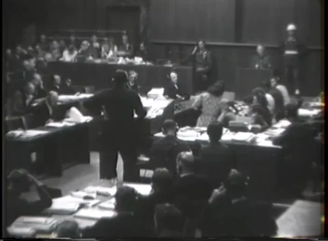 NUREMBERG - 1946: War Crimes Trials — High-angle view across trial chamber floor Stock Footage 342920067