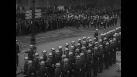 NUREMBERG - 1947 - 35th US Army Band members march in an Armistice Day parade in Stock Footage 296690141