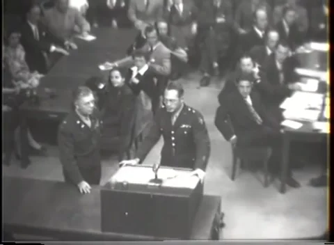NUREMBERG - 1947: I.G. Farben case — Ribbon bars at central lectern 库存影片 343320897