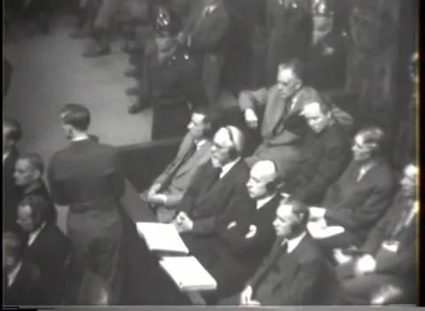 NUREMBERG - 1947: I.G. Farben case — Dock and judges in courtroom montage Stock-Footage 343320915