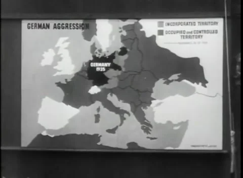 NUREMBERG, GERMANY - 1945: War Crimes Trials — GERMAN AGGRESSION map board Stockbeeldmateriaal 342819237