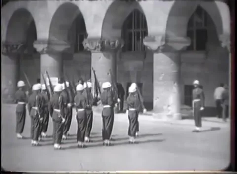 NUREMBERG, GERMANY - 1946: Arched recess - Compact guards face court Stock-Footage 344902166
