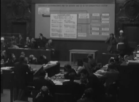NUREMBERG, GERMANY - 1946: Clear floor - Boxed hierarchy fills the rear wall 库存影片 344491133