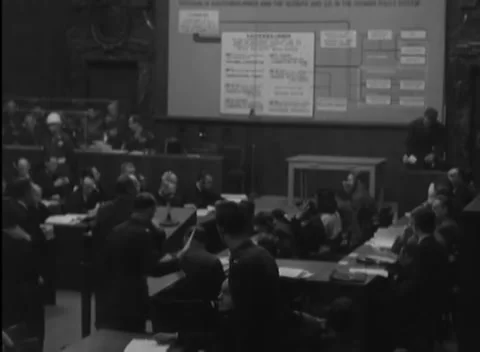 NUREMBERG, GERMANY - 1946: Open floor - Vacant lectern overlooks court tables Stock Footage 344491184