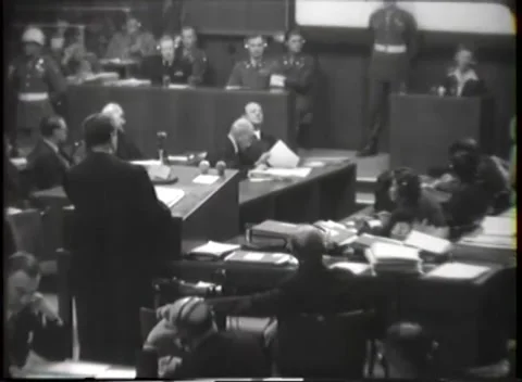 NUREMBERG, GERMANY - 1946: War Crimes Trials — Lit screen and carved doors Stock Footage 342818662