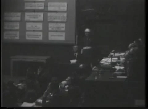 NUREMBERG, GERMANY - 1946: War Crimes Trials — Desk lamp on the court floor Stock Footage 342819620