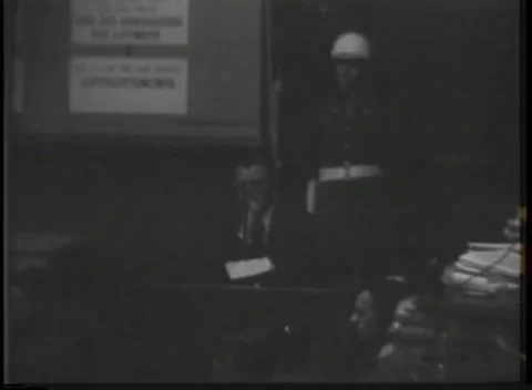 NUREMBERG, GERMANY - 1946: War Crimes Trials — The witness box left empty Stock Footage 342819632