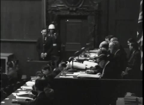 NUREMBERG, GERMANY - 1946: War Crimes Trials — Counsel bench and witness box Видео 342920564