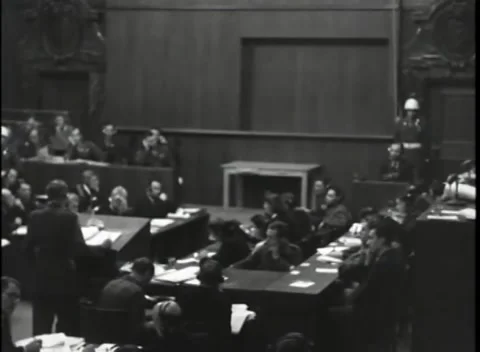 NUREMBERG, GERMANY - 1946: War Crimes Trials — Gallery above the counsel tables Stock Footage 342920635