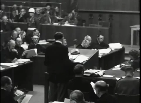 NUREMBERG, GERMANY - 1946: War Crimes Trials — Floor-level view to the bench Stock Footage 342920680