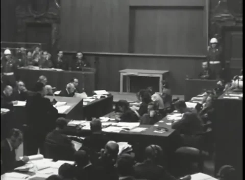 NUREMBERG, GERMANY - 1946: War Crimes Trials — Locked wide on the dock 库存影片 342920699