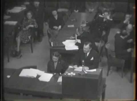 NUREMBERG, GERMANY - 1946: War Crimes Trials — Desk and gallery in one frame Stock Footage 342920967