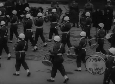 NUREMBERG, GERMANY - 1947: Army percussion - Marked bass drum crosses square Video stock 344491239