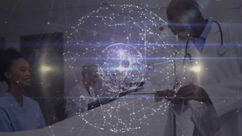 Nurse accepting folder and doctors consulting tablet as 3D sphere emerging for 動画素材 314741767