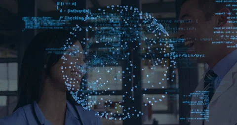 Nurse and doctor exchanging data causing data globe fading in while code Stock Footage 309722253